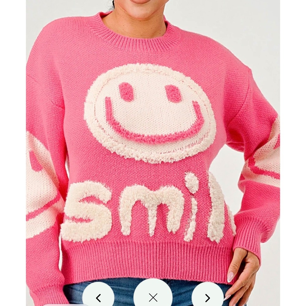 Pink Smiley Face Knit Crewneck Sweater Smile LongSleeve y2k cute boho dainty ret